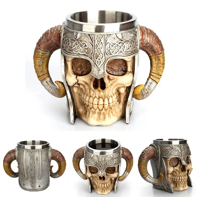 Кружка-Череп из нержавеющей стали Viking Ram Horned Pit Lord Warrior Beer Stein Tankard кофейная кружка, кружка для чая на Хэллоуин посуда для бара подарок