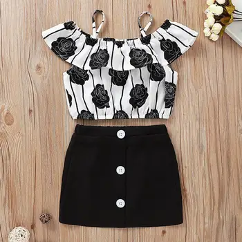 

Baby Toddler Girl Clothes Floral Print Off-The-Shoulder Sleeveless Tops Over Hip Skirt Outfits Set Kids Clothes 6M-5Y