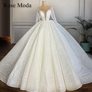 شراءفستان زفاف فاخر بأكمام طويلة من Rose Moda مع لؤلؤ منتفخ بالكرة مصنوع حسب الطلب