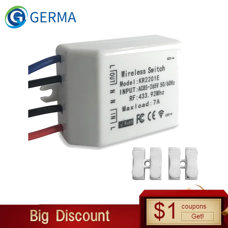 

GERMA 433.92 MHz Wireless switch universal AC 85-265V CH Wireless Remote Control Receiver 433mhz maxload 7A high quality