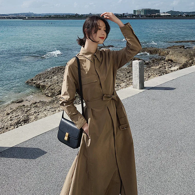 

Photo Shoot Trench Coat Women's Mid-length 2020 chun liu Line Khaki England Ventilation Network Red Short-height Coat Overcoat