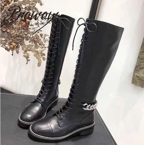 

Prowow New Genuine Leather Metal Chain Autumn Winter Boots Round Toe Low Heel Knee HIgh Boots Women Brand Boots Shoes Women