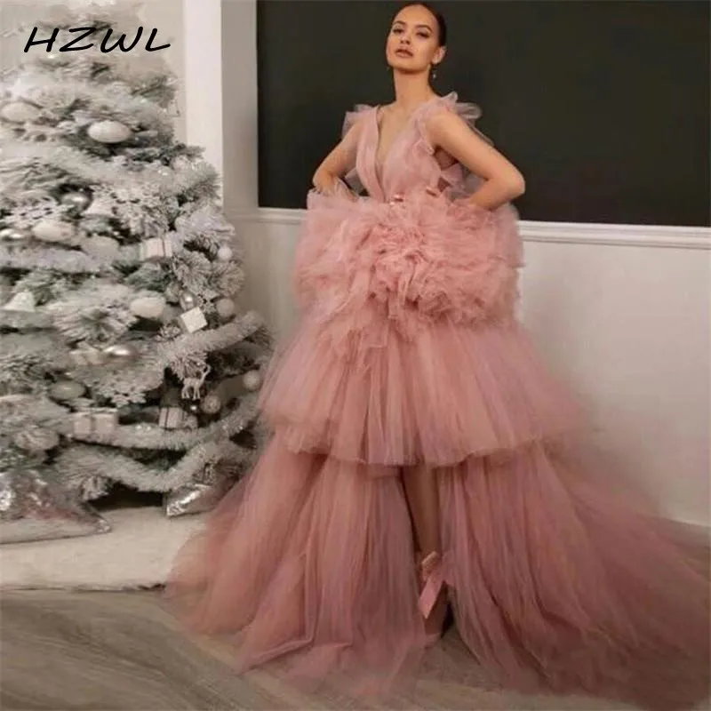 

Puffy Tutu Tulle Prom Dresses Deep V Neck Tiered Leg Slits Girls Pageant Dress Cheap Sexy Back African Evening Dress Dusty Pink