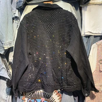 

autumn new heavy work diamonds shiny denim jacket female loose long 2020