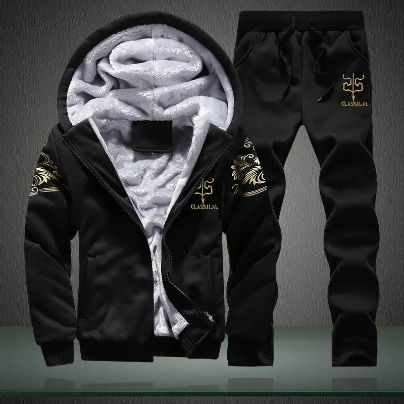 Mens Fleece Hoodies Tracksuit Winter Casual Hooded Warm Sweatshirts Male Thicken 2PC Jacket+Pant Suit Men Moleton Masculino - Color: Black D76