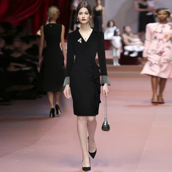 

V-neck brooch horn long sleeve pockets hip falbala professionalism long dress 2020 autumn new fund