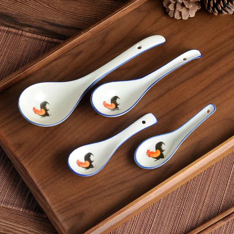 Description Picture 2 of itemFor restaurants Hotel home tableware Big Red Rooster Pattern ceramics spoon Ladle soup spoon