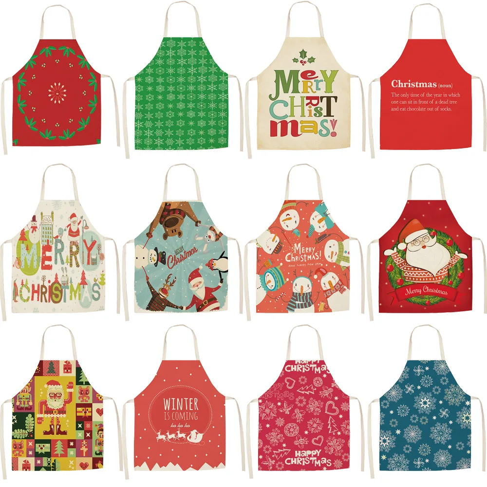 Christmas Decorations Sleeveless Cooking Apron Cartoon Santa Claus Elk Snowman Linen Dress for Women Men Children Kitchen Kids