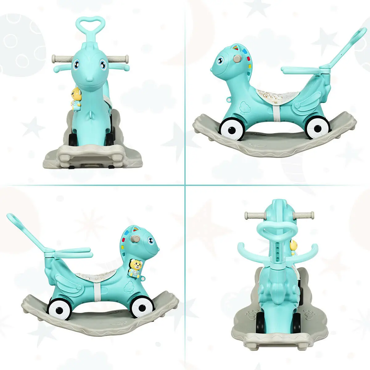 Baby Rocking Horse 4 in 1 Kids Ride On Toy Push Car with Music Indoor and Outdoor
