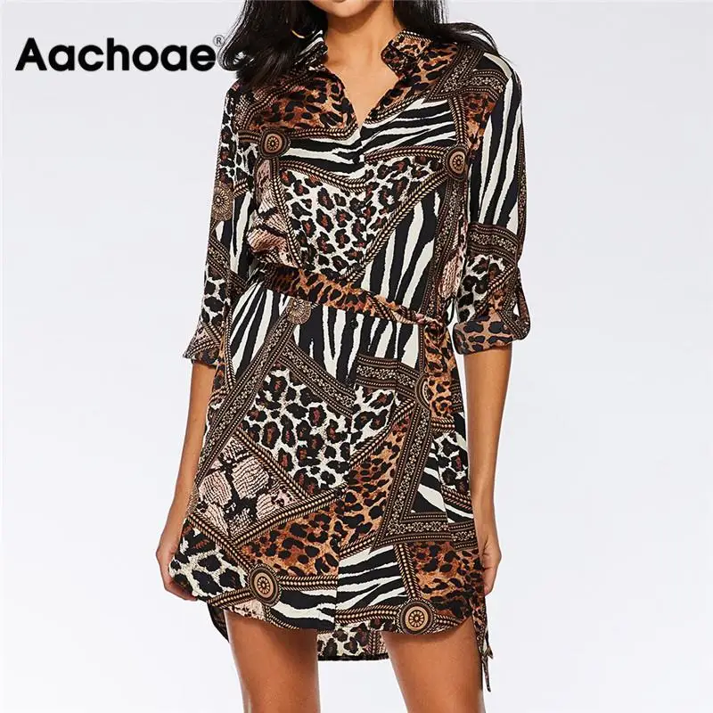 Aachoae Leopard Dress Women 2020 Summer Sexy Mini Party Dress Turn Down Collar Office Shirt Dress Ladies Bandage Dresses Vestido Aachoae Leopard Dress Women 2020 Summer Sexy Mini Party Dress Turn Down Collar Office Shirt Dress Ladies Bandage Dresses Vestido