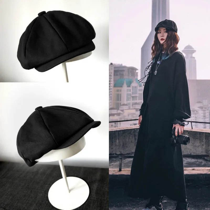 

Black Hat Woman Duck Tongue Cap Literary Octagonal Cap British Retro Hat Casual Hat yang Woman Spring Summer Autumn Winter