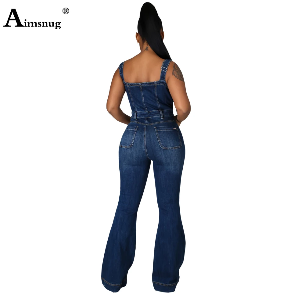 Aimsnug Plus Size Women Fashion Jeans Demin Jumpsuit Sexy Flare Pants Dark Blue Denim Bodysuits 2021 Single-Breasted Overalls