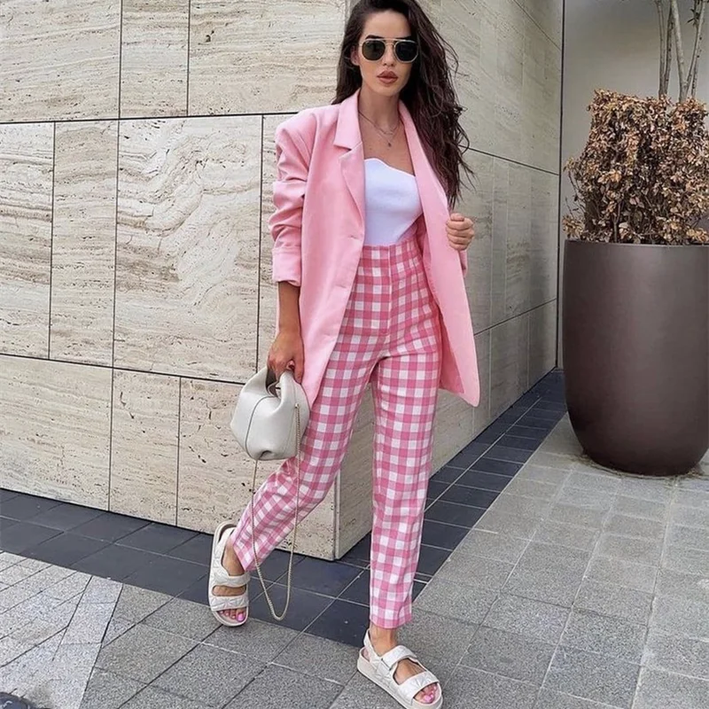 Woman Sweet Pink Plaid High Waisted Pants Girls Cute Slim Cotton Trousers  Female Soft Ankle Length Pants|Pants u0026 Capris| - AliExpress