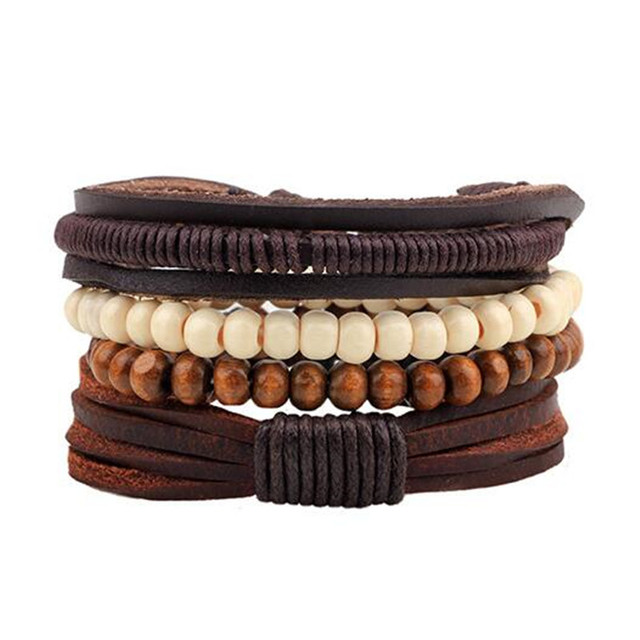 Stone Men Bracelet Multi-layer Handmade Weaved Punk Leather Rope Chain Stainless Steel Bangle Male Jewelry Gifts