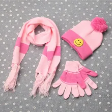 Детские перчатки, шарф, шапка, зимний комплект для мальчиков и девочек, шарф со смайликом, шеи, Теплые Шарфы шапки, перчатки для детей ясельного возраста, Прямая поставка