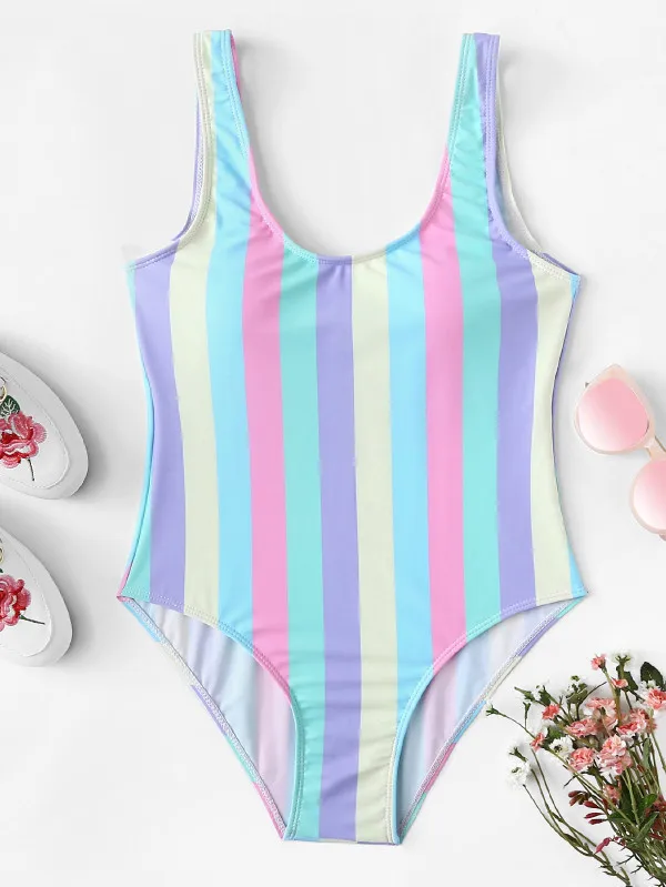 

2018 New Style Europe And America-One-piece Multi-color Stripe Bathing Suit