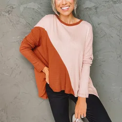 2022 primavera pulôver feminino retalhos irregulares oversized t camisa fenda de mangas compridas tops moles streetwear sudaderas