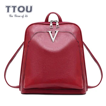

Retro Designer Oil Wax Leather Women Backpack Lady Rucksack Bag With Metal V Letter Travel Shoulder Teenager Girls School Bag