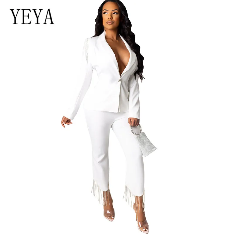 

YEYA Two Pieces Sets Black Women Blazer Top and Tessel Pants Women Playsuits Lady Office Work Bussiness Jumpsuits Femme Rompers