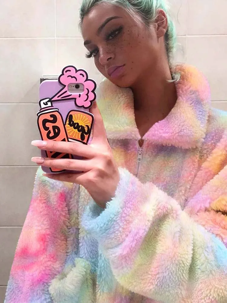 Multi NiceMix Women Fluffy Coat jacket Winter Oversize Zipper Fleece rainbow Velvet Teddy Coats Female Ladies Loose Overcoat Outwear - Color: Multi