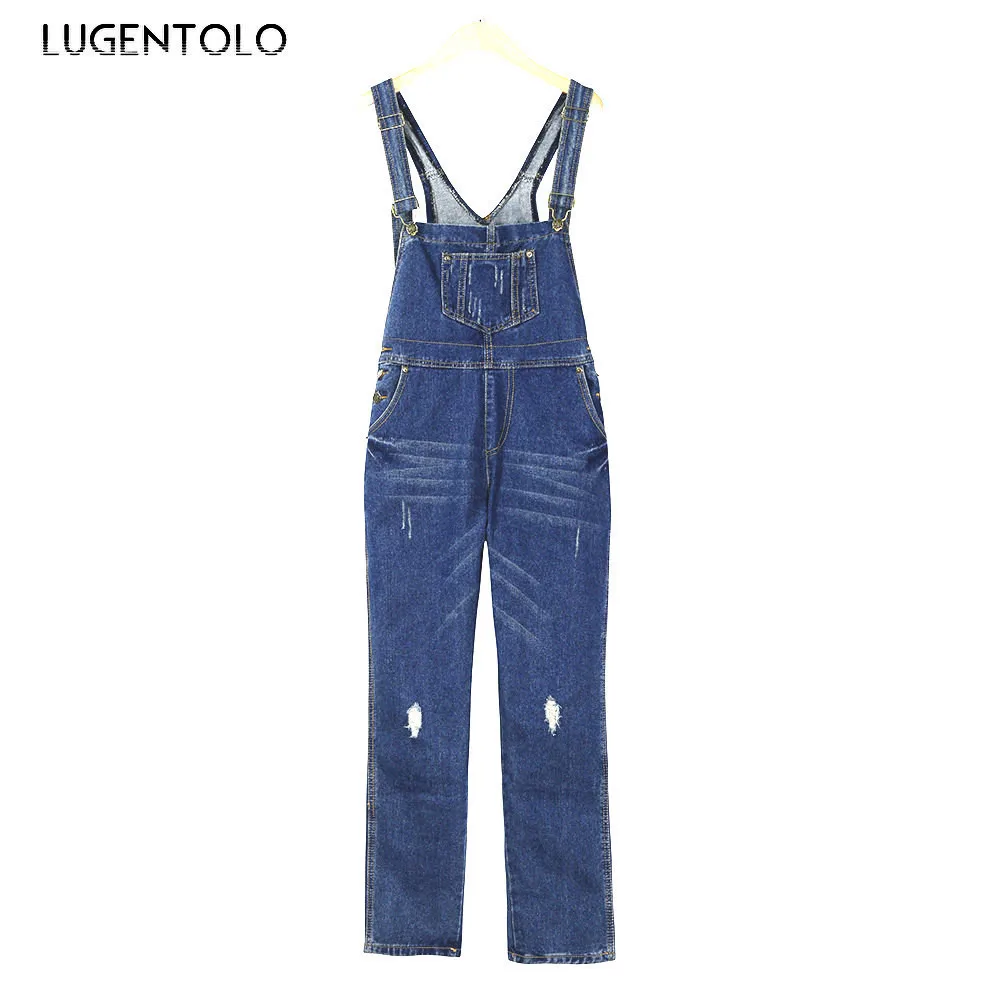 Lugentolo Jeans Woman Fashion Loose Large Size Hole Casual Denim Straps One-piece Sling Button Casual Jeans Street clothing