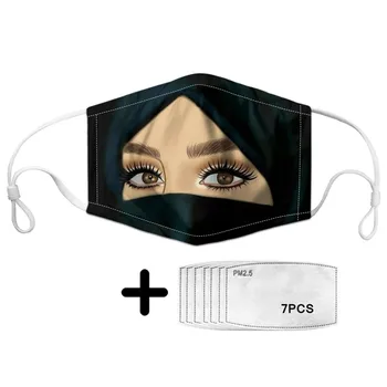 

Women Fashion Protection Mask with Beauty Cartoon Muslim Girls Print for Daily Face Female Dust Masks with 7pcs PM2.5 Washable