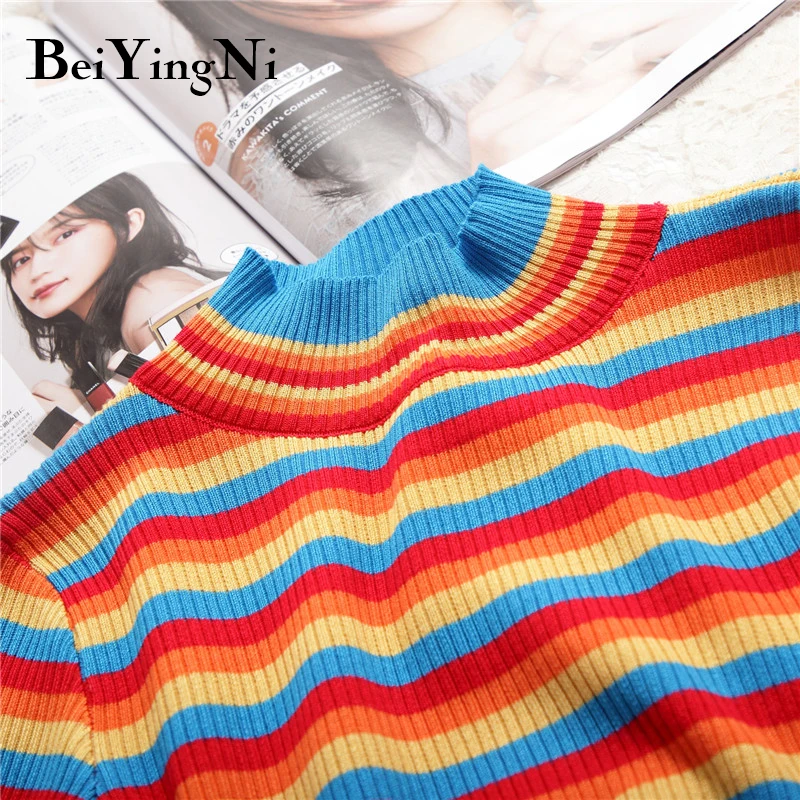 Beiyingni Spring Autumn Long Sleeve Knit Sweater Women Stripe Cute Hit Color Casual Pullover Tops Female Basic Ulzzang Jumper