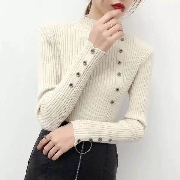 

2020 Women Autumn Knitted Sweater Solid Knitted Female Cotton Soft Elastic Color Pullovers Button Full Sleeve Turtleneck