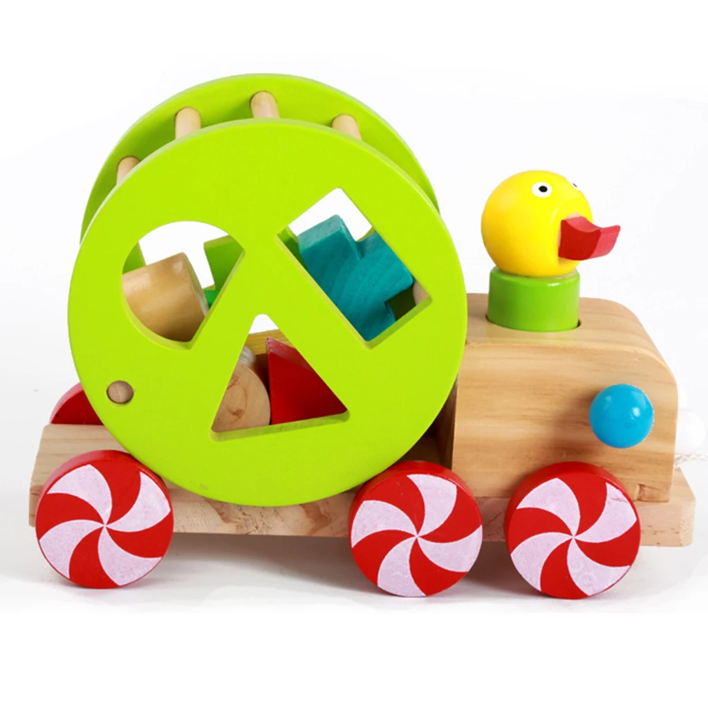 Wooden Duck Car Toddler Walking Pull Along Toy Pull and Push Animal Vehicle Geometric Shapes Sorter Car Early Developmental