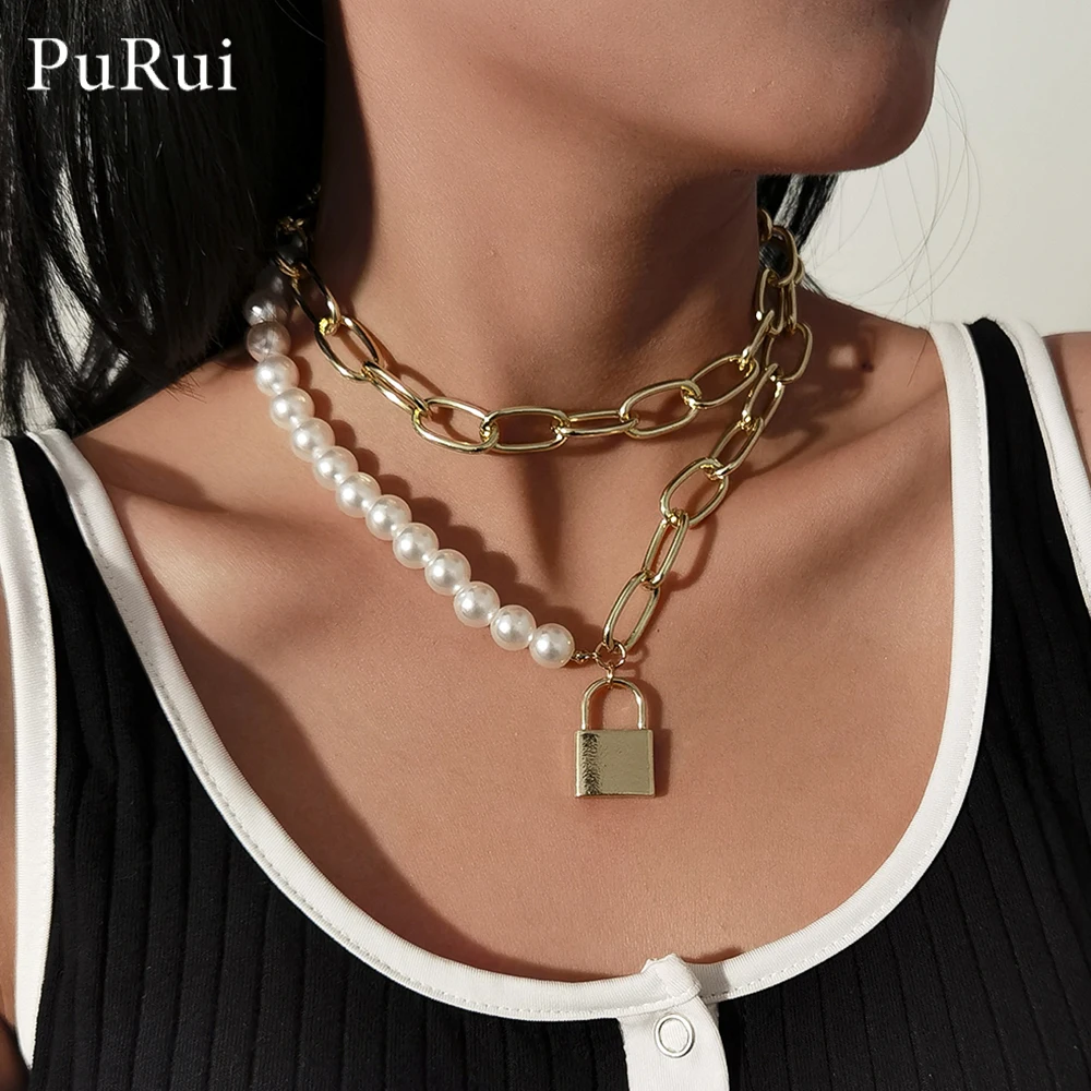 

PuRui Trendy Asymmetric Lock Pendant Necklace for Women Multilayer Paperclip Neck Chains Punk Necklaces Pearl Choker Jewelry Gif