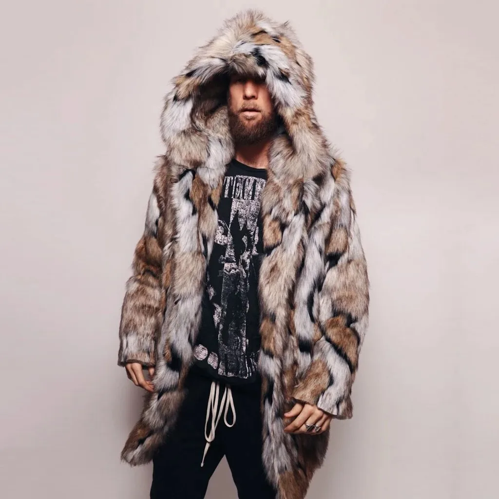 Мужское леопардовое утепленное длинное пальто, теплое толстое пальто с меховым воротником, куртка, парка из искусственного меха, кардиган, мужской модный стиль джентльмена 10