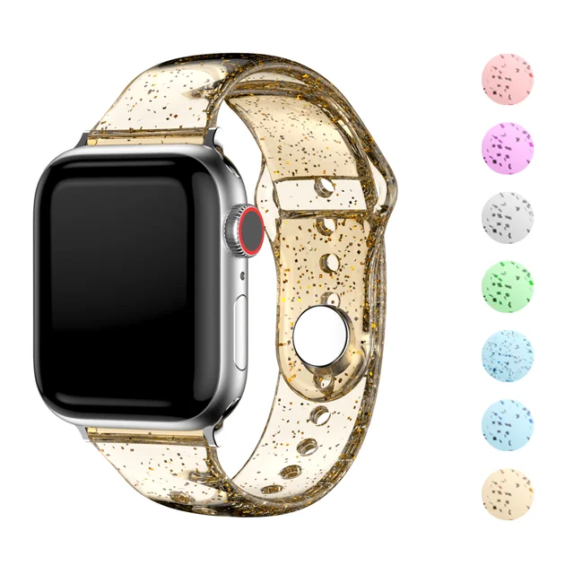 Soft Silicone Bands for Apple Watch Strap 45mm 41mm 44mm 40mm42mm38mm Glitter Women Sports Wristband for iWatch 7/6/5/4/3/2/1/SE ClearGold