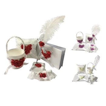 

5PCS Bridal Wedding Party Flower Girl Basket, Ring Bearer, Guestbook & Pen Set