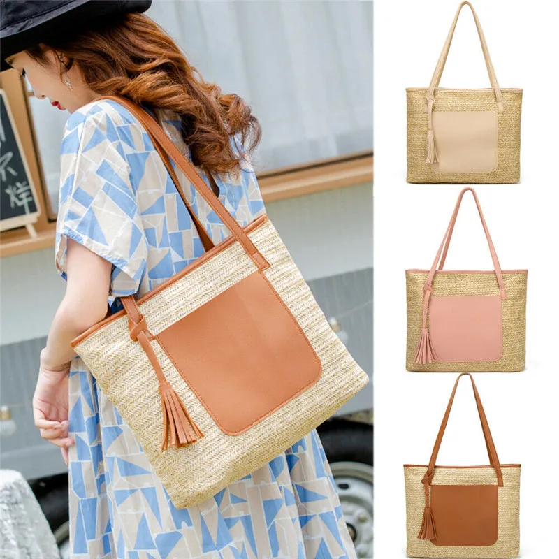 Женская сумка для покупок Летняя Пляжная винтажная ручная работа трикотажная соломенная плетеная Сумка из ротанга большие сумки на плечо