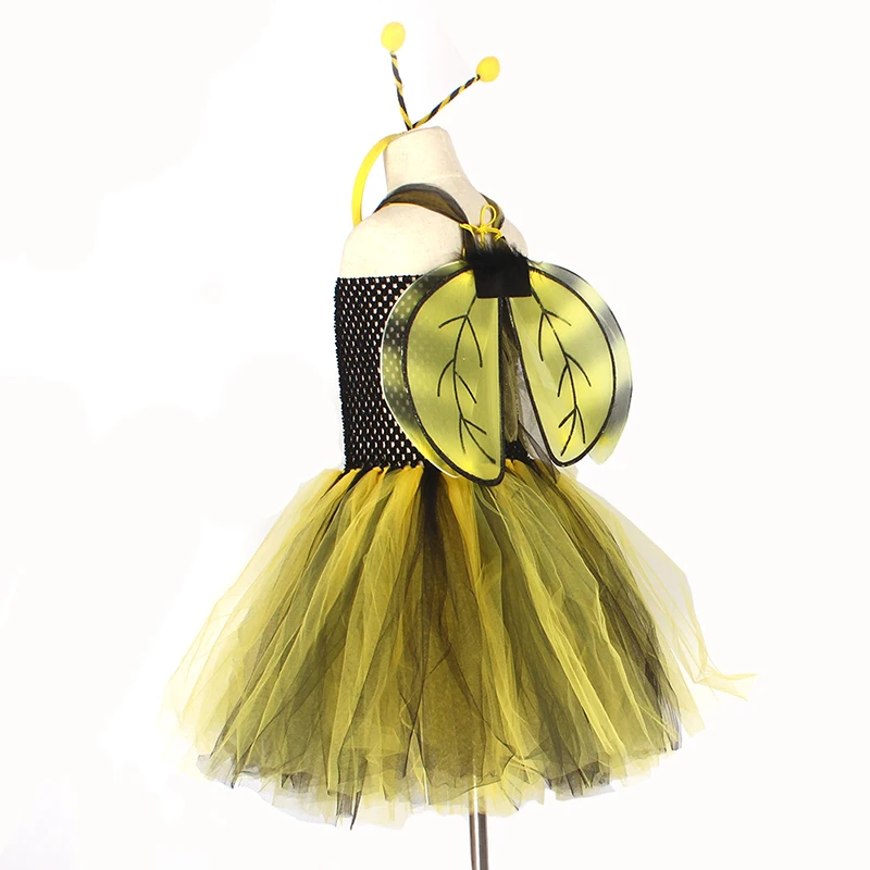 Children Bumble Bee Costume Set Girls Tutu Wings & Headband Yellow Black Kids Fancy Dress Halloween Dress Up Party Clothes (10)