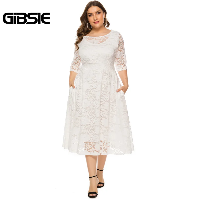 Белый GIBSIE/женское элегантное кружевное платье с круглым вырезом и коротким рукавом; цвет черный, белый; вечерние платья; женское платье трапециевидной формы с карманами; большие размеры - Цвет: Белый