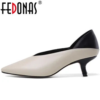 

FEDONAS Fashion Women Pumps Cow Leather Spring Summer Casual Color Matching Shallow Basic Shoes Point Toe High Heels Shoes Woman