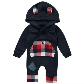 

Newborn Baby Boy Girl Long Sleeves Error Plaid Hooded Romper Jumpsuit Infant Clothes Outfits