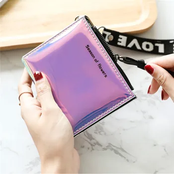 

New Fashion Women Short Wallet With Lanyard Clutch Laser Card Holder Ladies Zipper Wallets Designer Casual Ladies Purse