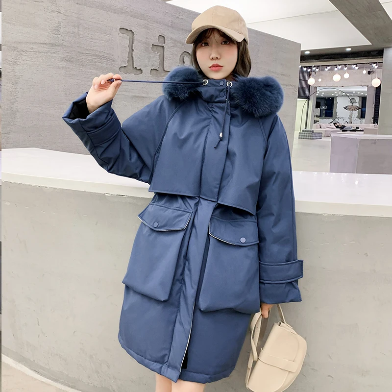 Winter Down Cotton Padded Jacket Women Thick Warm Fur Collar Hooded Parka Mujer Plus Size Csaual Loose Long Coat Female