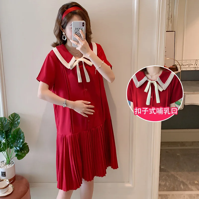 Maternity Tops Black Red Plus Size Summer Postpartum Women Lactation Shirts Sweet Turn-Down Collar Bow Maternity Breastfeeding Blouses Nursing