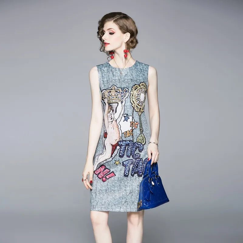

2019 New Runway Summer brand Women's Retro Sleeveless Gorgeous dress Letter Printed Vintage A-line vest Dresses vestidos robe