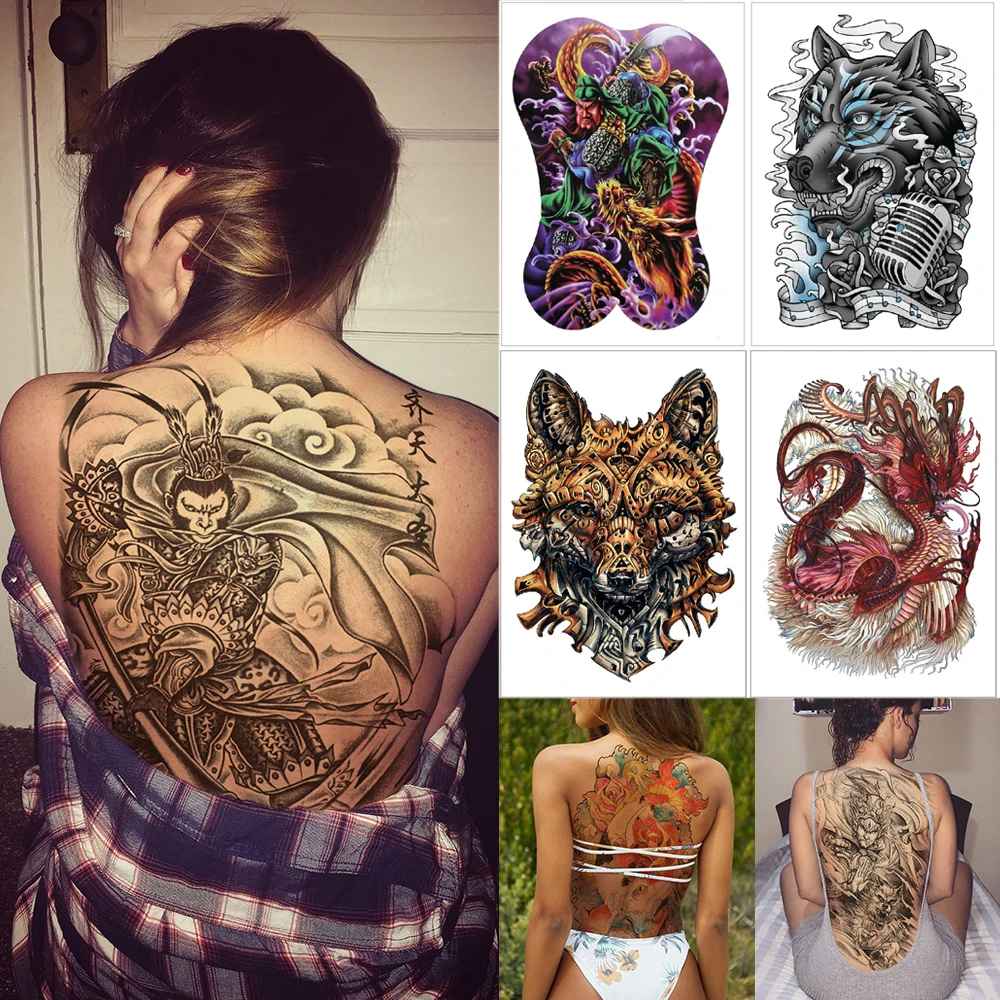 Full Back Large Temporary Tattoo Stickers Wolf Dragon Back Body Tattoos Tiger Koi Woman Waterproof Fake Big Tattoo 340 480mm Temporary Tattoos Aliexpress