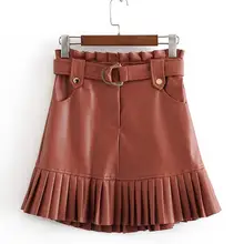 Женская шикарная юбка из искусственной кожи с оборками, галстуком-бабочкой, поясом, карманами на молнии, плиссированная Женская Базовая модная мини-юбка mujer