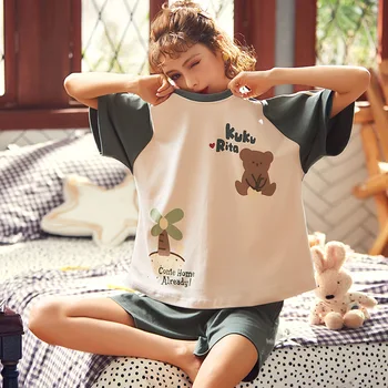 

Summer Knitted Cotton Cartoon Pajamas Set Women Pyjamas Sleepwear Nightwear Pijama Mujer Plus size Calf-Length Pants Homewear