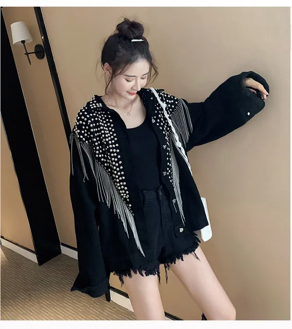 New Women Autumn Hand-studded Rivet Tassel Chain Short Jeans Coat Woman's Loose Jacket Coat Fashion Streetwear Denim Jacket