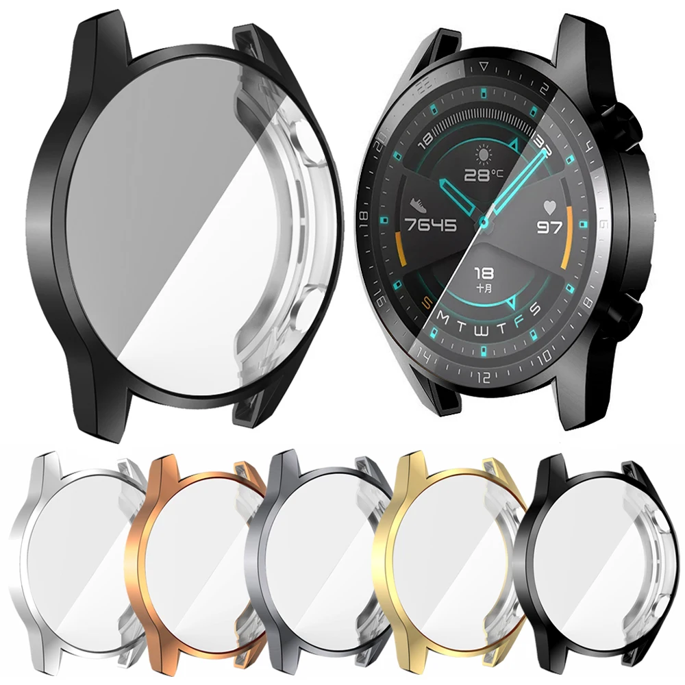 Soft TPU Plated Flexible Case for HUAWEI Watch GT 2 42MM 46MM Full Screen Protector Cover Anti-scratch High Quality Bumper Shell | Наручные