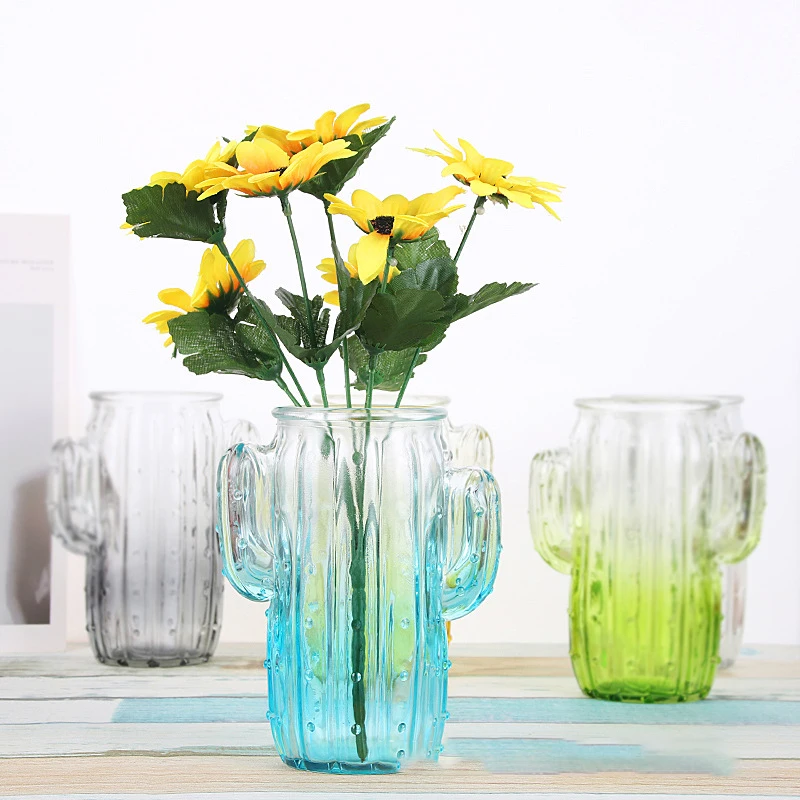 Gradient Colorful Cactus Vase Glass Flower Vase Home Decoration Figurines Miniature Model Art Vases Plants Holders Decoration