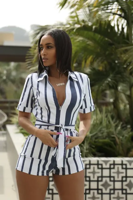 Summer New Women Fashion Short Sleeve Striped Zipper Belted Short Jumpsuits