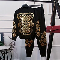 HIGH STREET/Новинка года; стильный костюм для подиума; роскошный женский свитер с пайетками; комплект со штанами; сезон осень-зима - Цвет: Черный